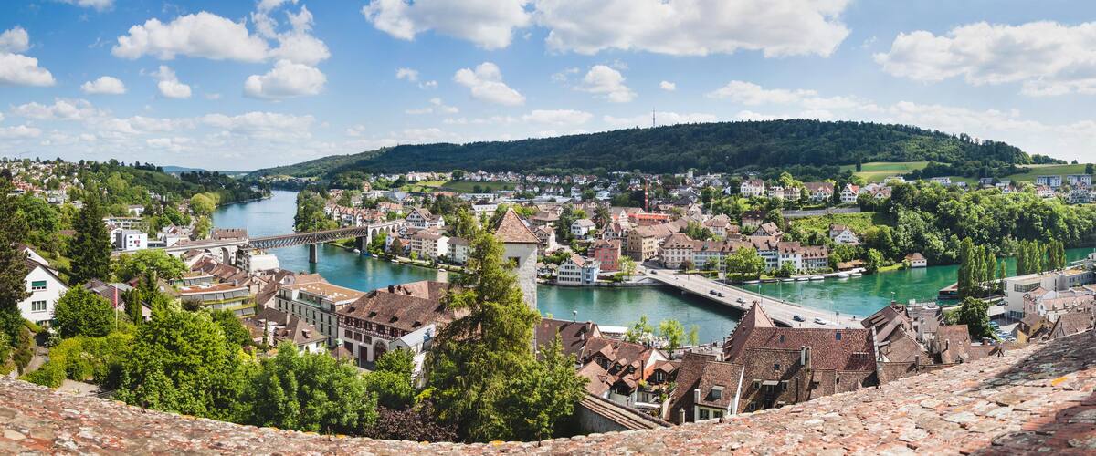 Panoramic view of Swiss town Schaffhausen. River Rhine.
