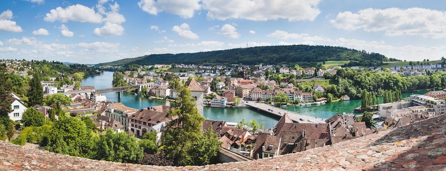 Panoramic view of Swiss town Schaffhausen. River Rhine.