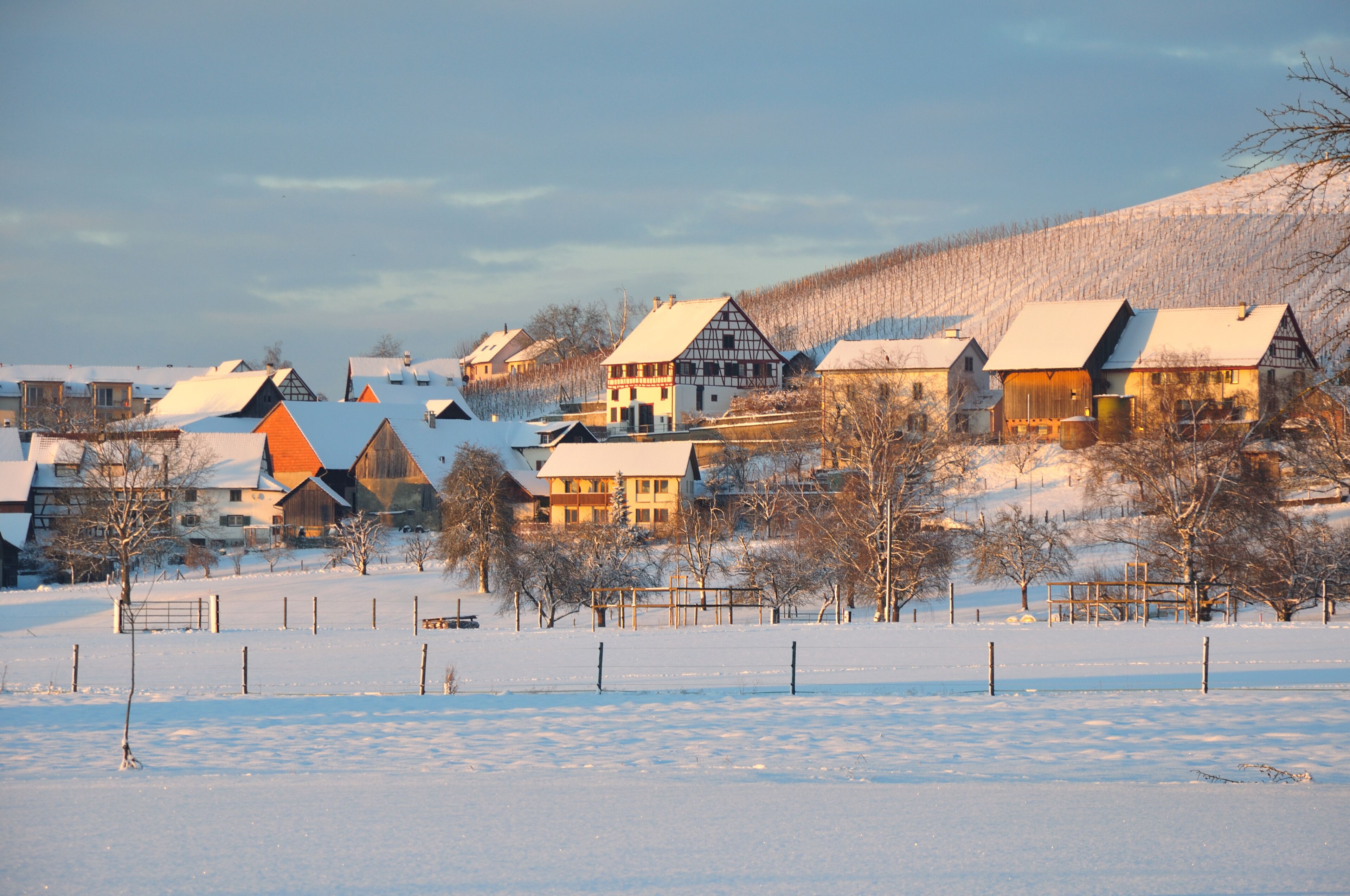 A snow-covered village with traditional half-timbered houses and a hill in the background.