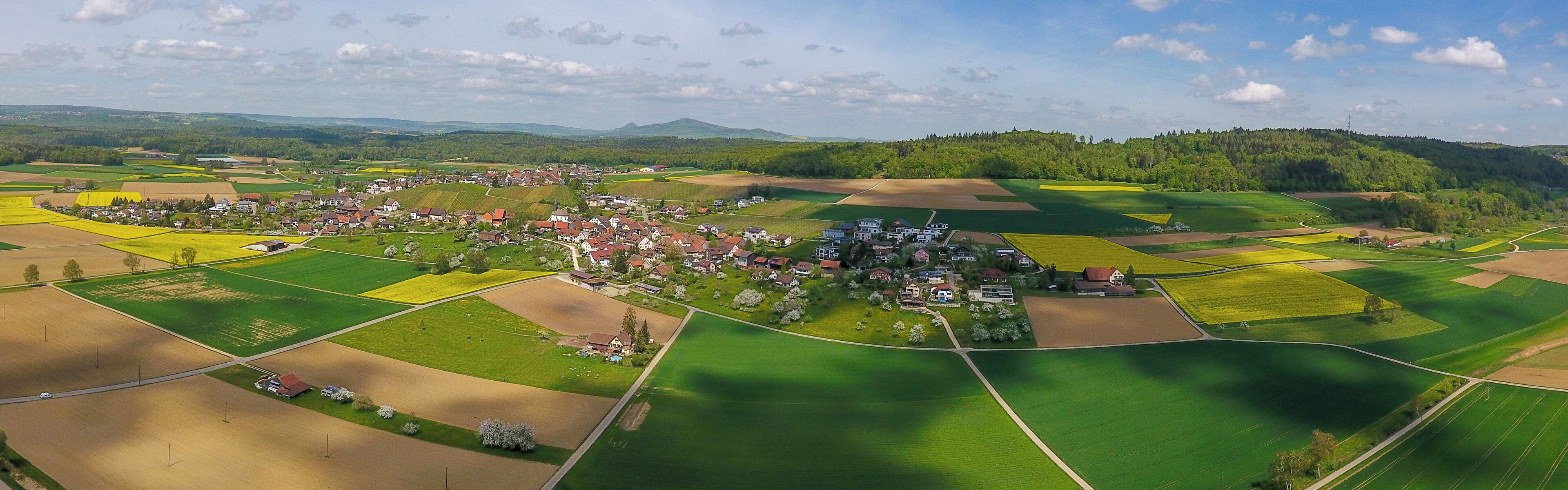 An aerial view of a rural village with fields, houses, and a forested hill in the background.