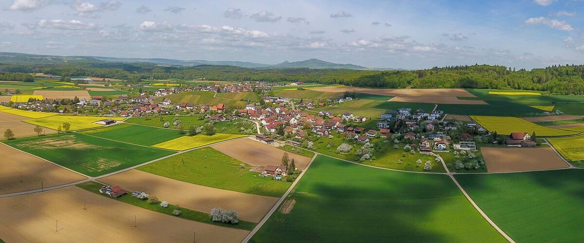 An aerial view of a rural village with fields, houses, and a forested hill in the background.