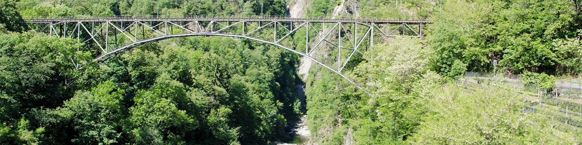 Uma ponte de aço que atravessa um rio numa região arborizada.