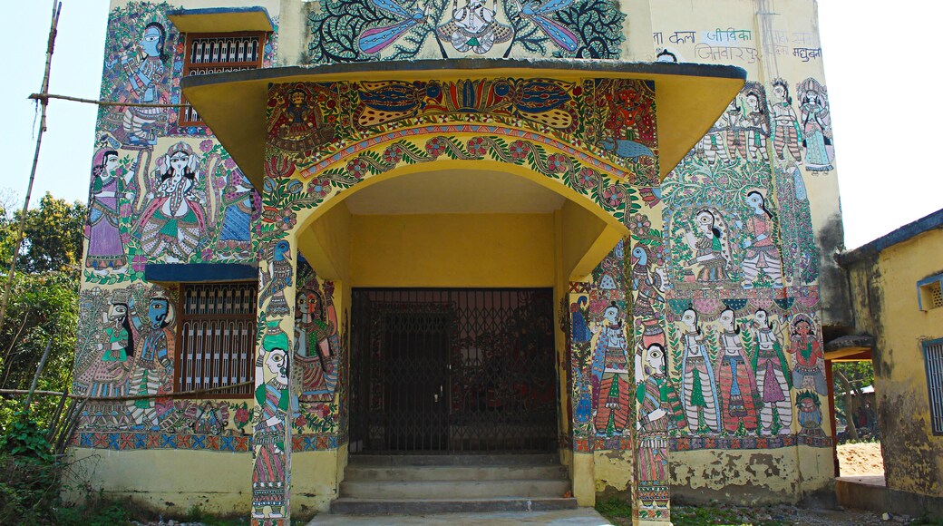 School where madhubani painting is taught. Madhubani paintings on wall. Madhubani, Bihar, India