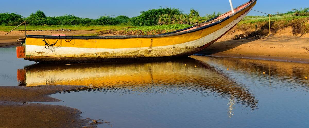 A yellow and white boat with a black stripe, moored at a sandy riverbank with greenery in the background.