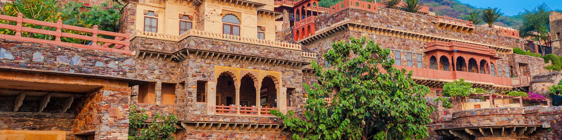 Neemrana Fort Palace - 15th century Fort located in Neemrana in Alwar Rajasthan India. Old medieval Fort-Palace built on Aravalli hills. Perfect weekend getaway from Delhi. Famous Luxury Resort India.