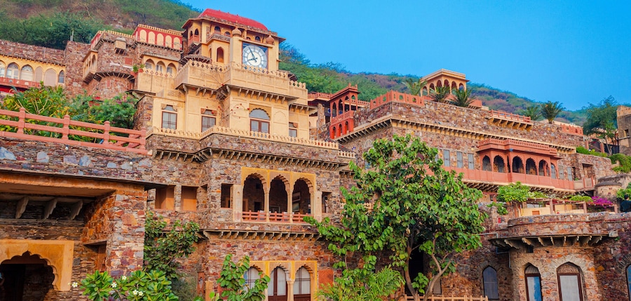 Neemrana Fort Palace - 15th century Fort located in Neemrana in Alwar Rajasthan India. Old medieval Fort-Palace built on Aravalli hills. Perfect weekend getaway from Delhi. Famous Luxury Resort India.