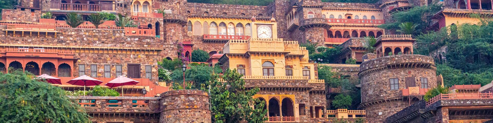 Neemrana Fort Palace - 15th century Fort located in Neemrana in Alwar Rajasthan India. Old medieval Fort-Palace built on Aravalli hills. Perfect weekend getaway from Delhi. Famous Luxury Resort India.