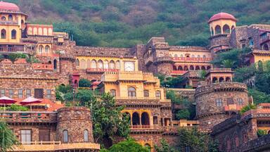 Neemrana Fort Palace - 15th century Fort located in Neemrana in Alwar Rajasthan India. Old medieval Fort-Palace built on Aravalli hills. Perfect weekend getaway from Delhi. Famous Luxury Resort India.