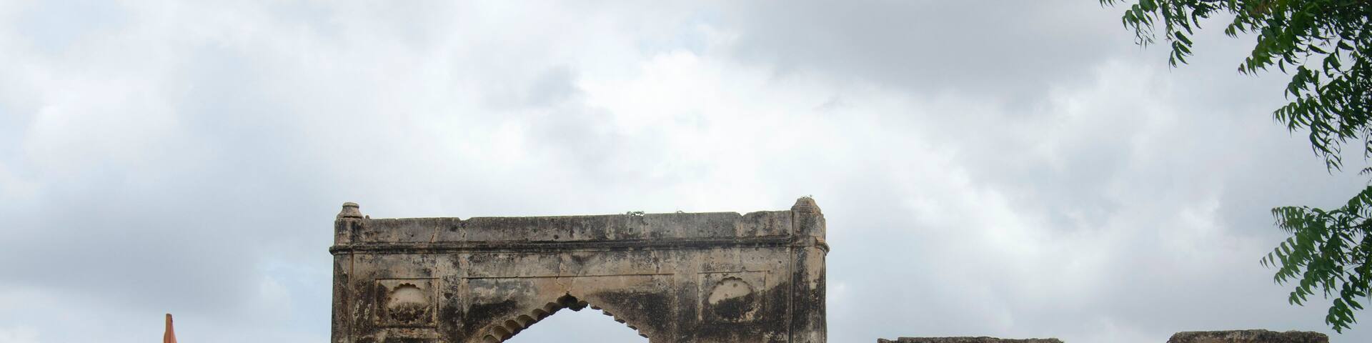 Entrance gate to Bahadurgad or Dharmaveergad named the memory of Chhatrapati Sambhaji Raje, located on the left bank of river Bhima, Pedgaon, Taluka Shrigonda, Maharashtra, India