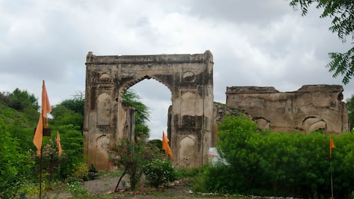 Entrance gate to Bahadurgad or Dharmaveergad named the memory of Chhatrapati Sambhaji Raje, located on the left bank of river Bhima, Pedgaon, Taluka Shrigonda, Maharashtra, India