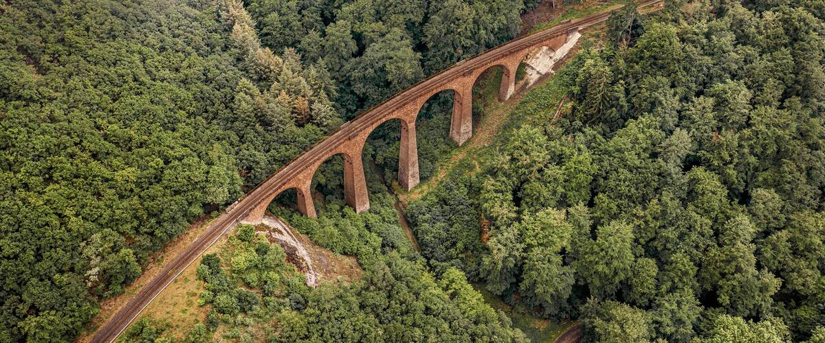 Aerial shot of Schmittentobel Viaduct Bridge in Schmitten, Switzerland