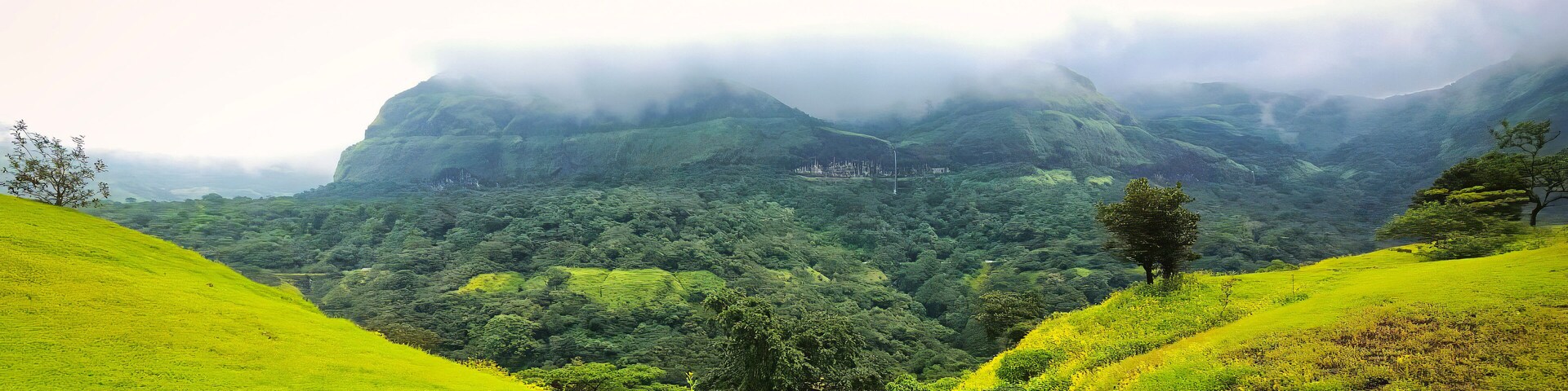 A lush green valley with rolling hills and a misty mountain backdrop.