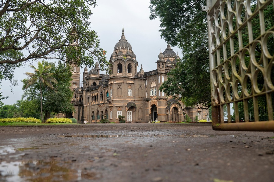 Kolhapur , India - 9 September 2024 Exterior view of the New Palace Museum situated in Kolhapur in the Indian state of Maharashtra