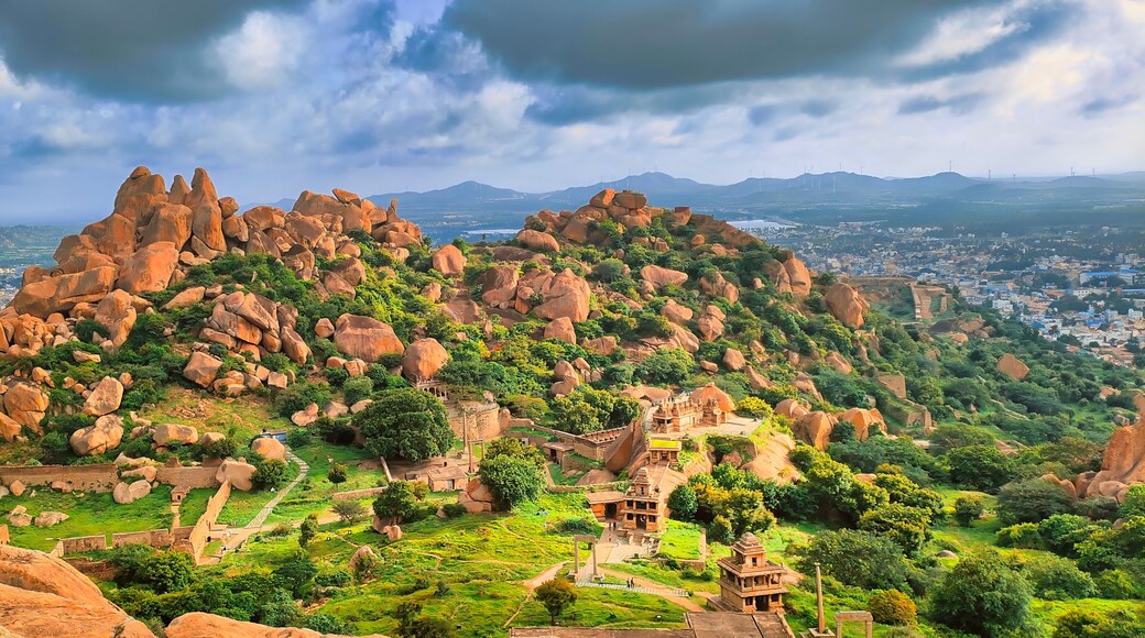 Chitradurga fort ruins and cityscape on a cloudy morning
