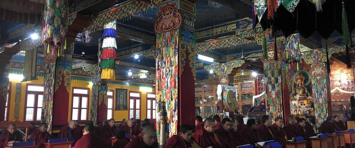 A brightly decorated hall with monks studying.