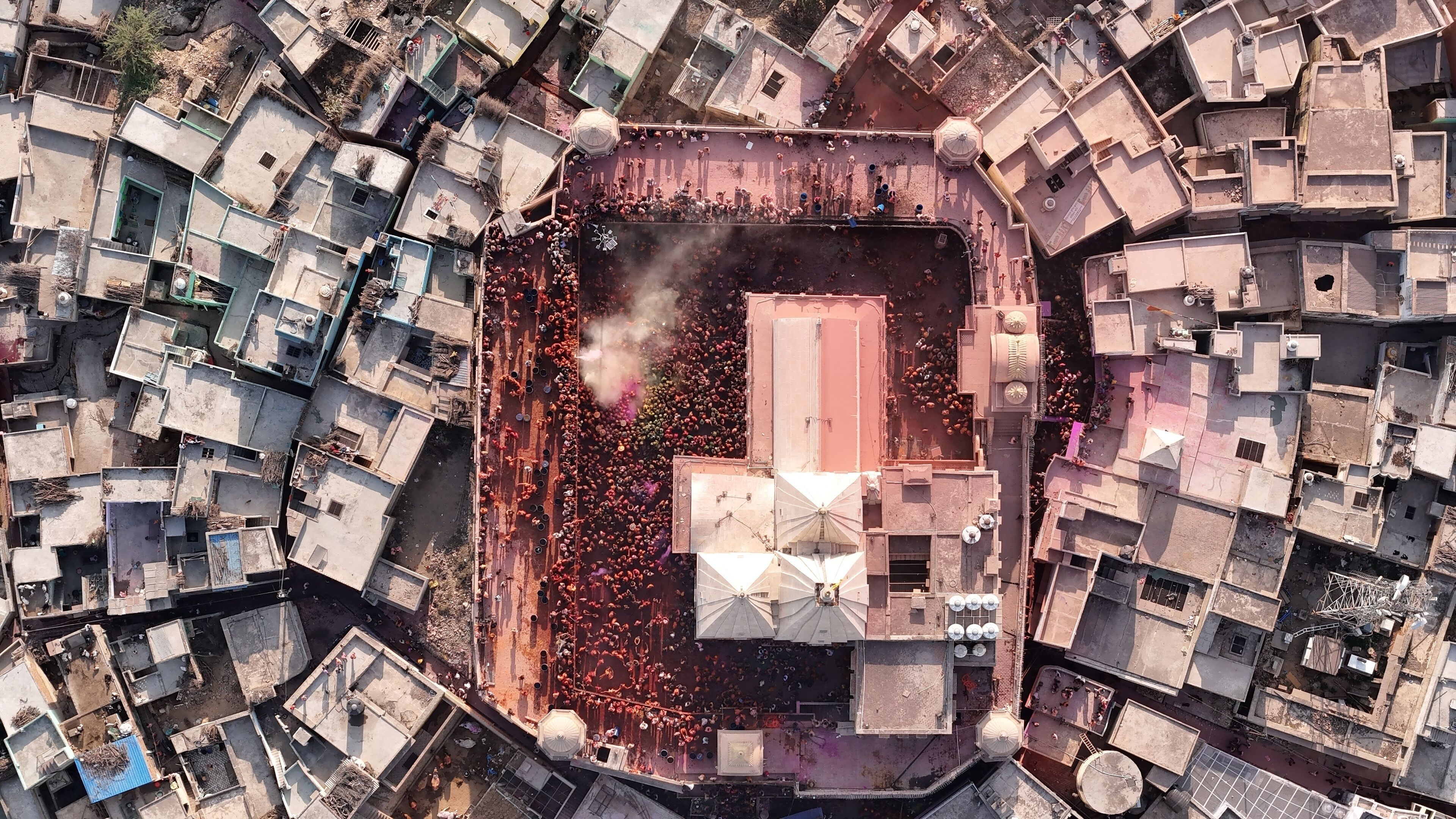 4K Drone Aerial View of Braj Holi in Nandgaon, Mathura | Traditional Krishna Holi Celebration with Colors and Devotees in Uttar Pradesh, India