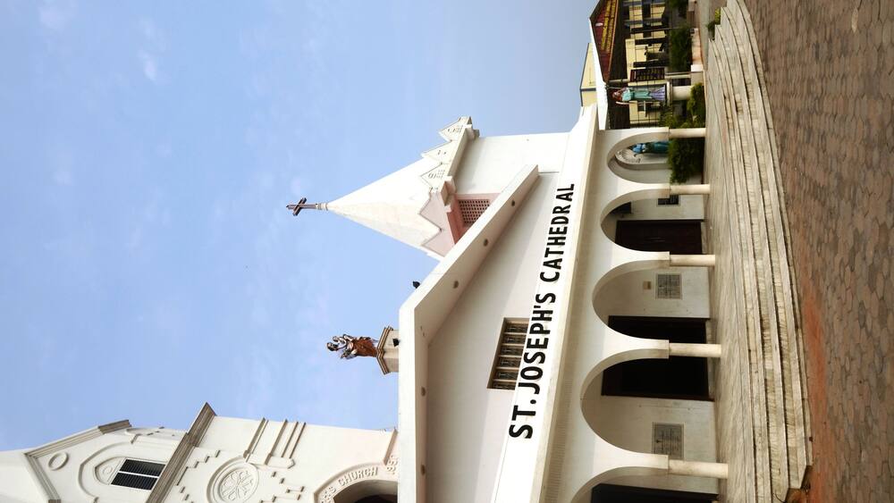 St. Joseph's Cathedral with its distinctive architecture and nameplate.