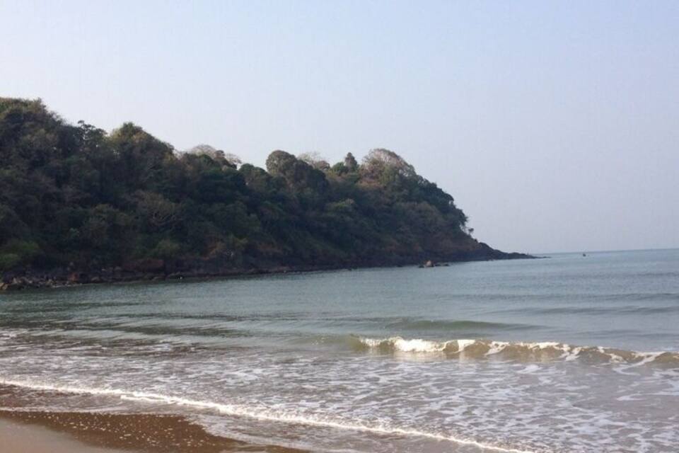 Una platja amb ones suaus, sorra daurada i un turó boscós al fons.