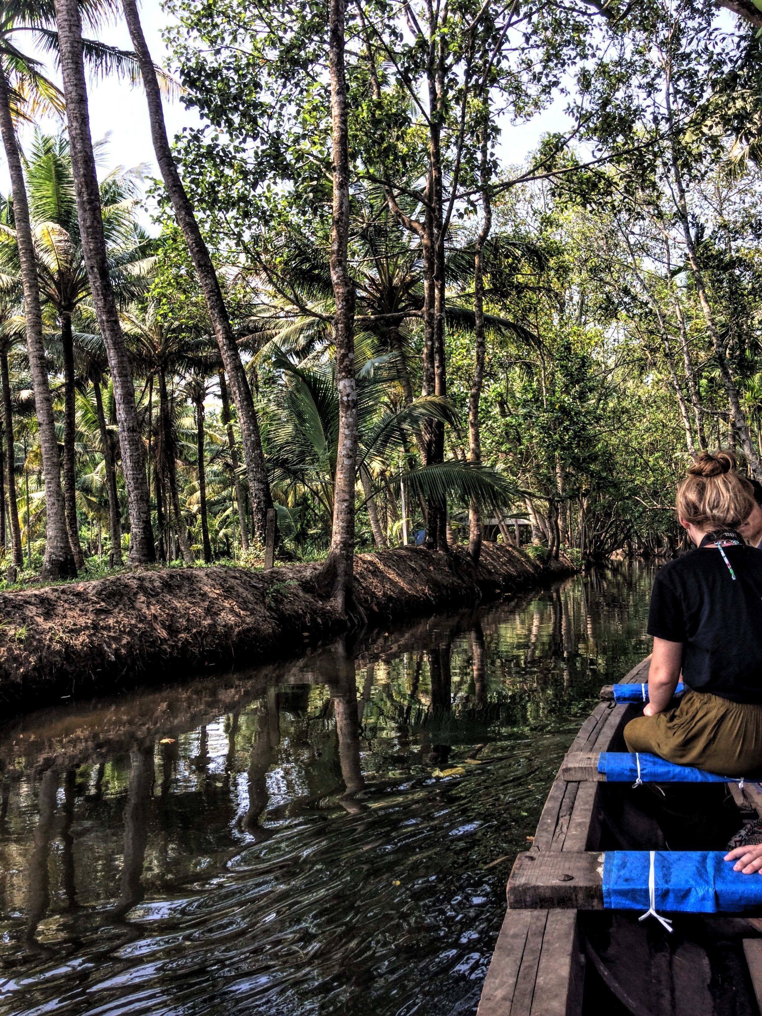 The boathouses cruising through the backwaters is the mainstay of a Kerala experience.  But to get through the narrow channels, a kayak or small boat is required. The channels are lined with houses of locals;
We navigated through these channels on a canoe with a guide where we passed by beautiful rice fields, and small islands.
One of the best parts about travelling through these backwaters is bird watching, as we made our way through the narrower channels. In addition, these tours also include stops at small-scale industries and the local market.  
The smaller boats and kayaks are definitely a more intimate and a great way to learn about the culture and lives of the locals residing in these areas.