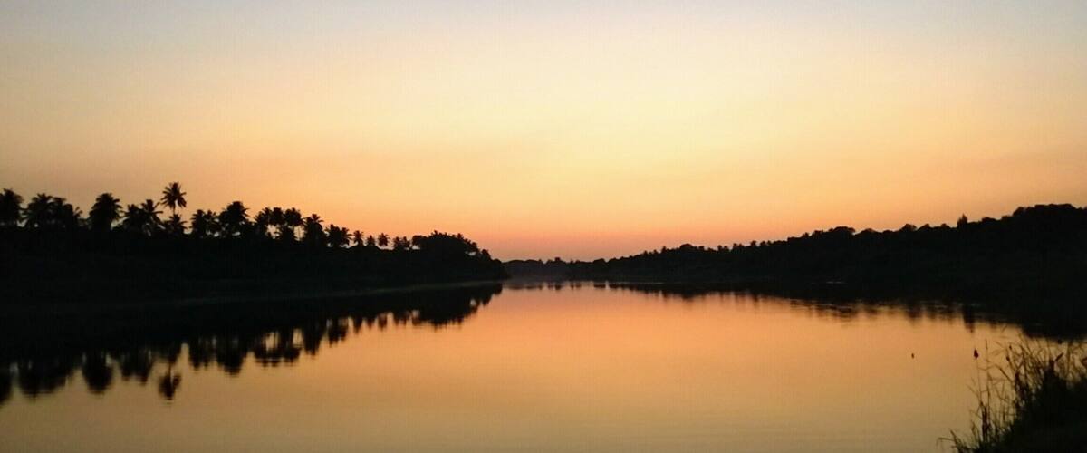 A calm lake at sunset with silhouettes of palm trees and a clear sky.