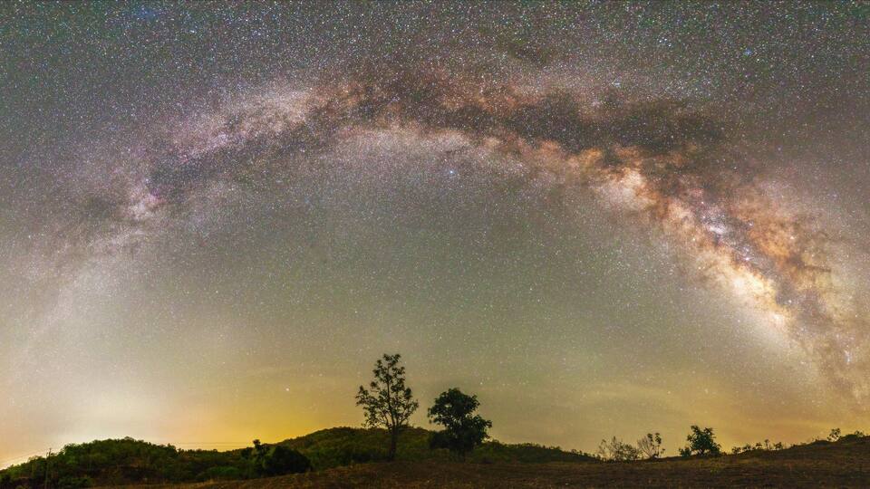A starry night sky with the Milky Way visible, a hill with sparse vegetation, and a few trees.
