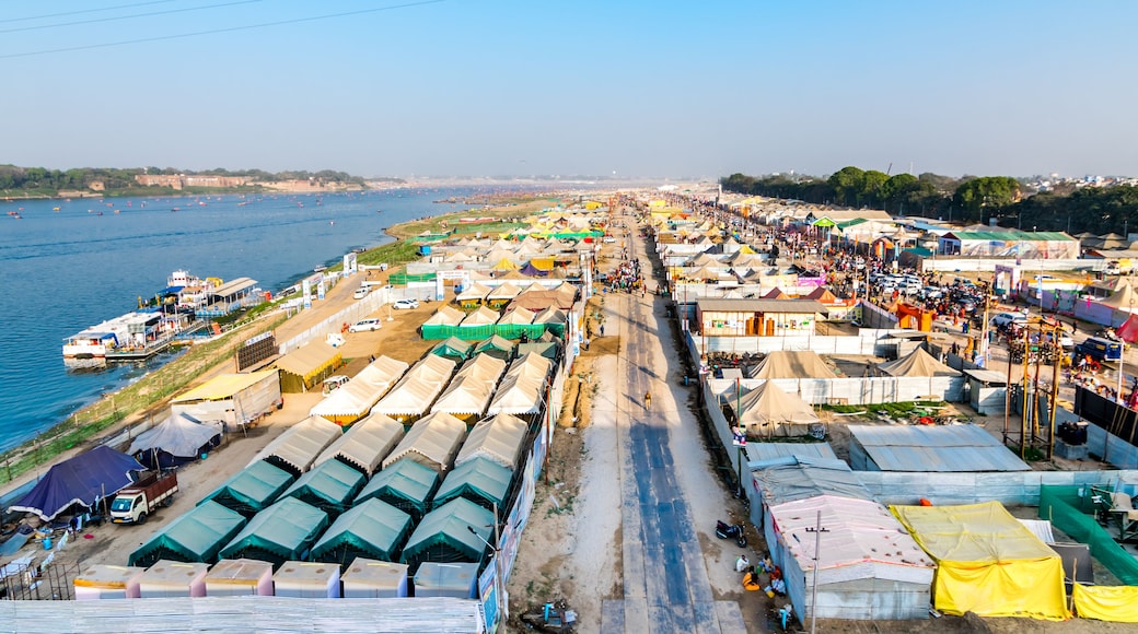 Aerial view of tent city and Triveni Sangam at The Maha Kumbh Mela in Prayagraj, Uttar Pradesh, India. The Mahakumbh Mela is a Hindu festival that happens every 12 years.