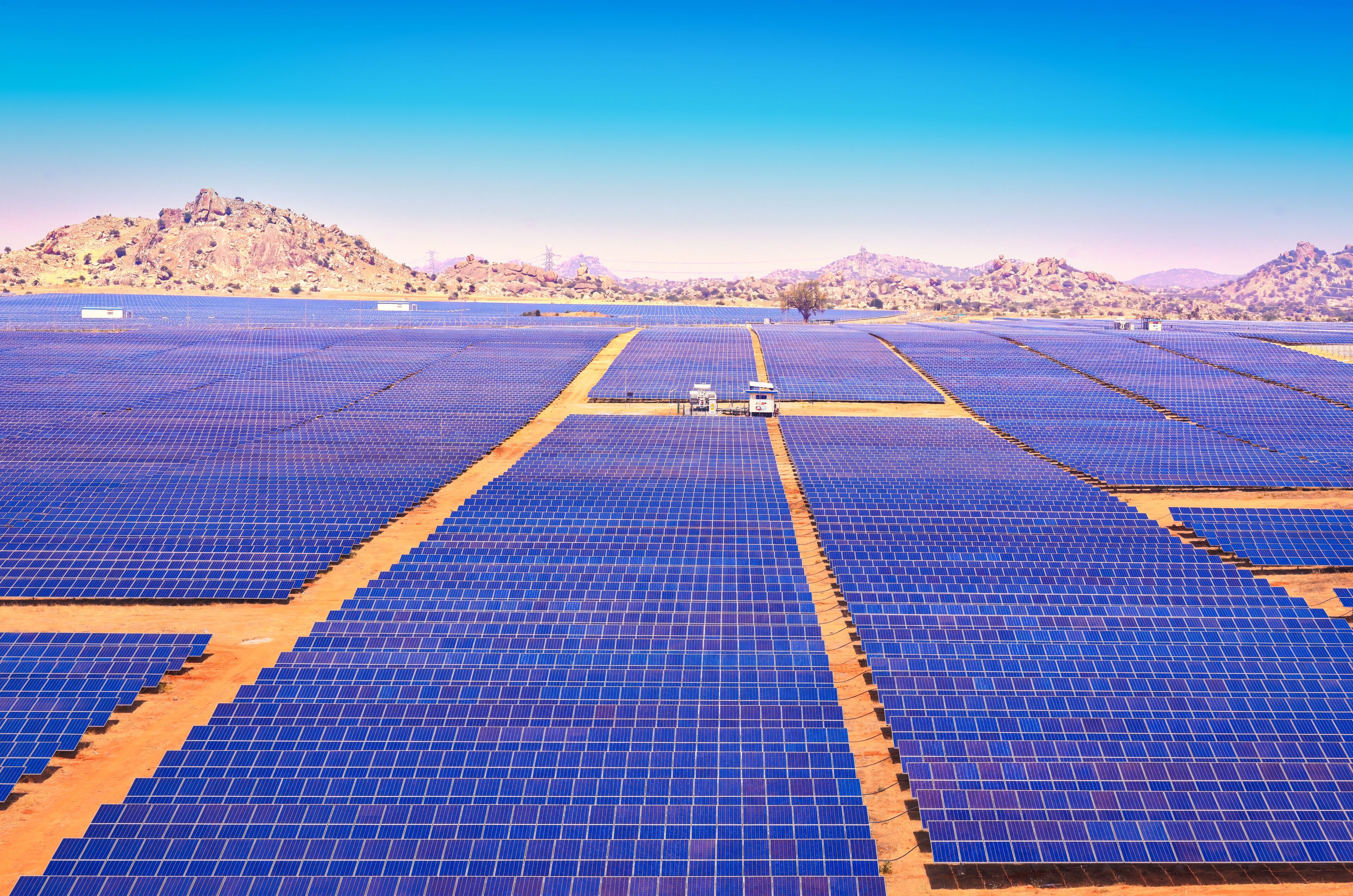 A solar farm with rows of solar panels.