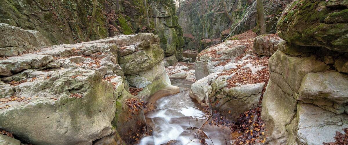 A rocky stream with water flowing through a narrow passage surrounded by moss-covered rocks and fallen leaves.