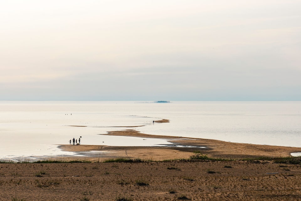 Un paysage côtier avec une plage de sable et une mer calme.