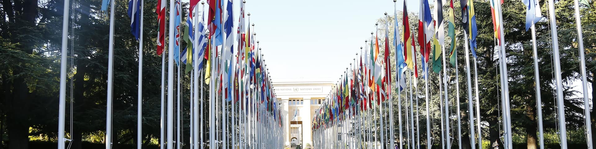 A row of international flags in front of a building.