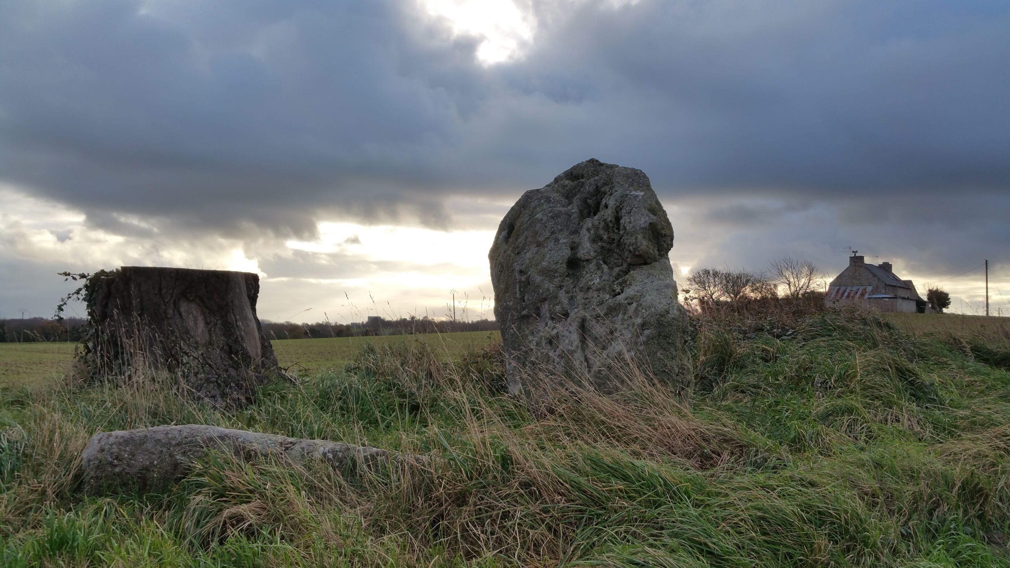 A rural landscape with a large standing stone, a tree stump, and a house in the background.