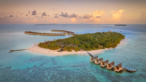 Vista aérea de una isla tropical con bungalows sobre el agua, aguas turquesas cristalinas y una pequeña playa de arena.