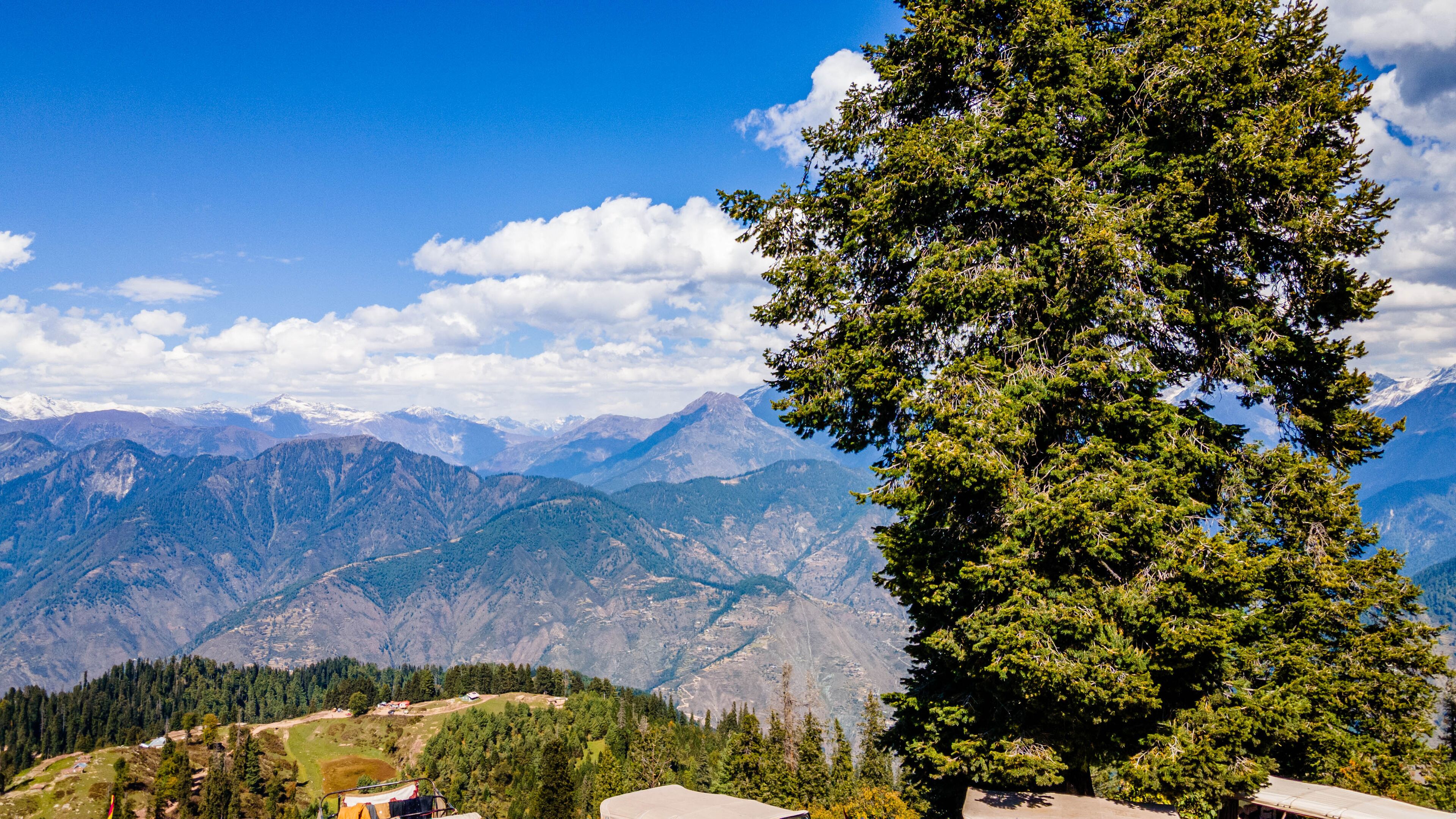 A mountain landscape with snow-capped peaks, dense forests, and a clear blue sky.