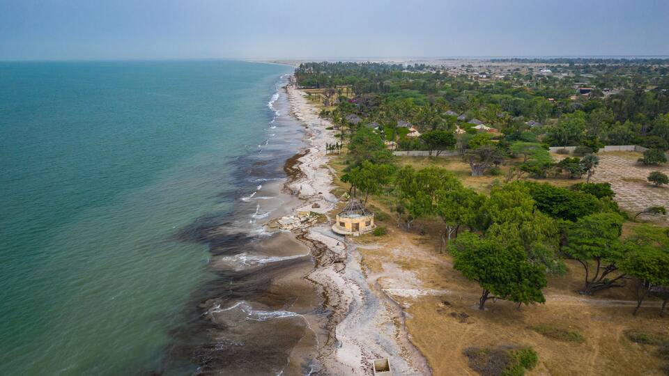 Aerial view of Atlantic coast near Palmarin. Saloum Delta National Park, Joal Fadiout, Senegal. Africa. Photo made by drone from above.