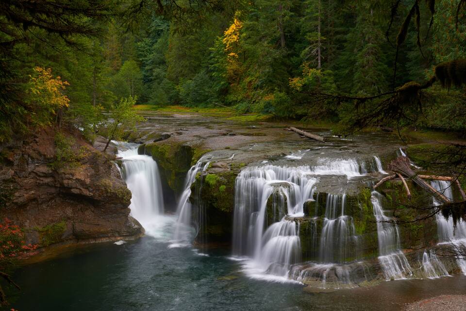 A waterfall cascading over moss-covered rocks in a forested area.