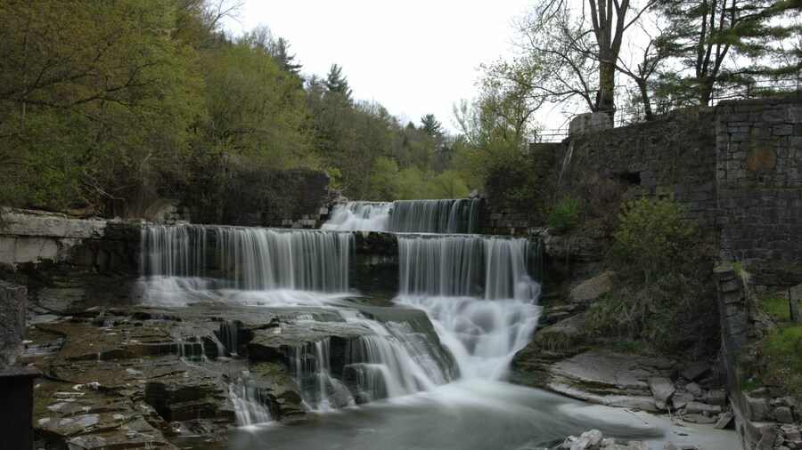 Vertical shot of Keuka Lake Outlet Trail with green trees and an old building around it