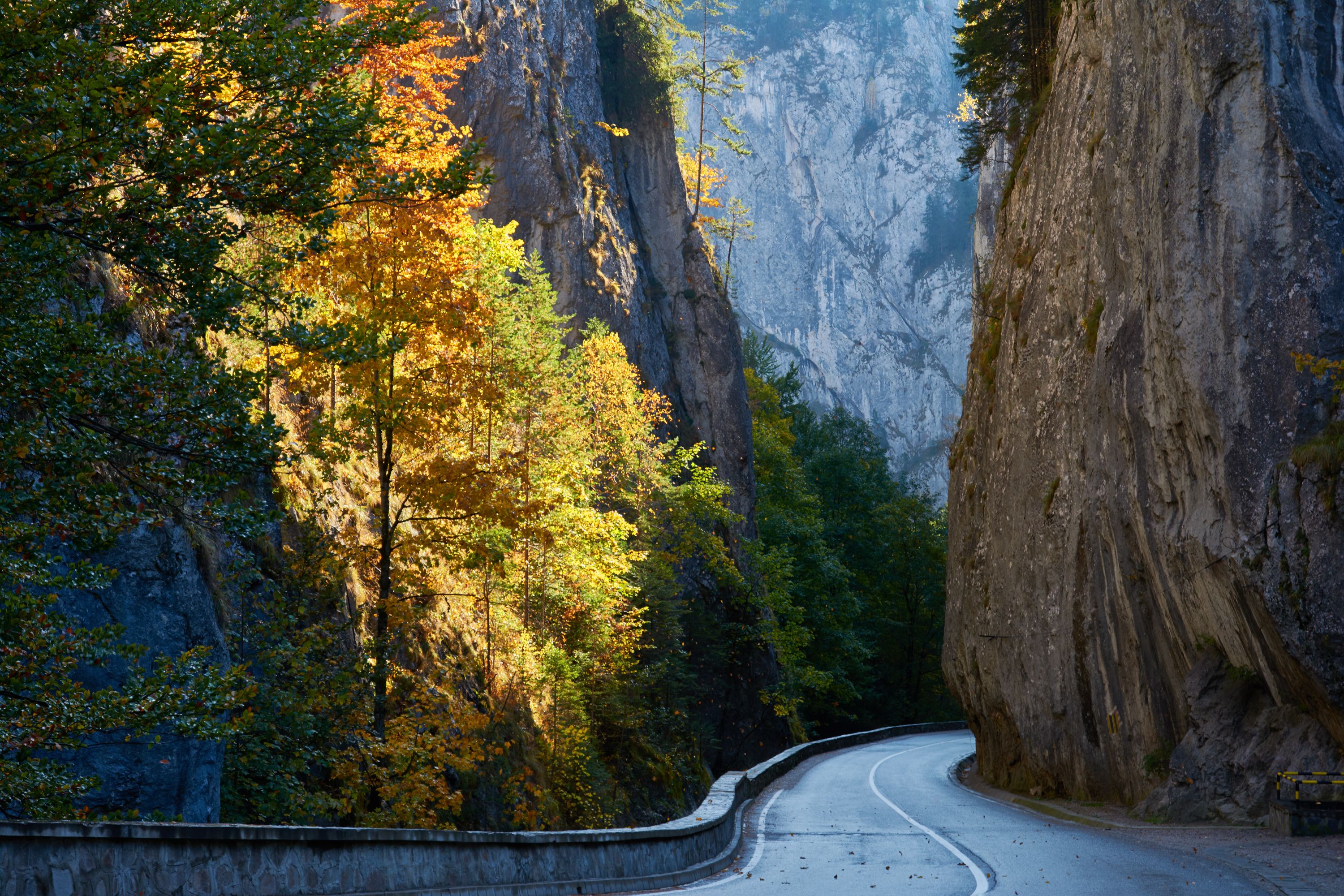 A winding road through a canyon with autumn foliage.