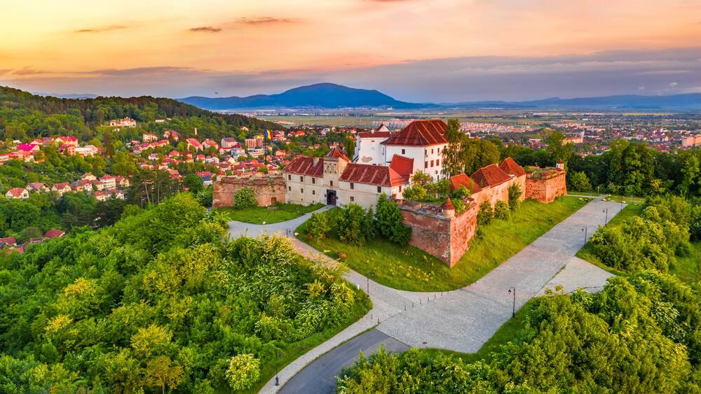 A historic castle surrounded by lush greenery and a town in the background.