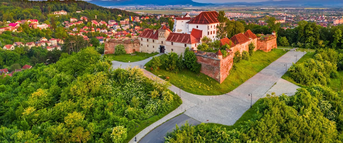 A historic castle surrounded by lush greenery and a town in the background.