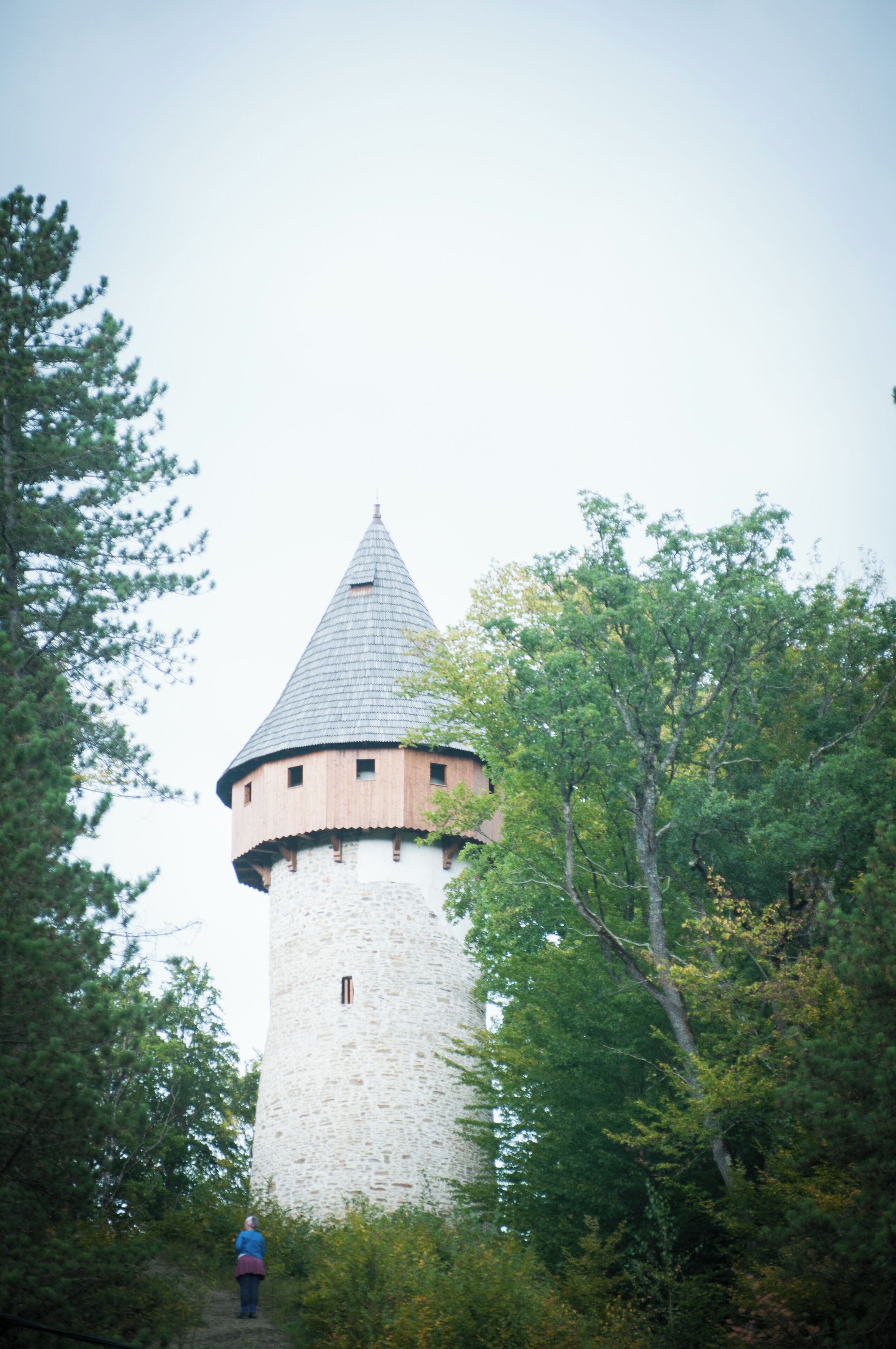 A stone tower with a conical roof surrounded by trees.
