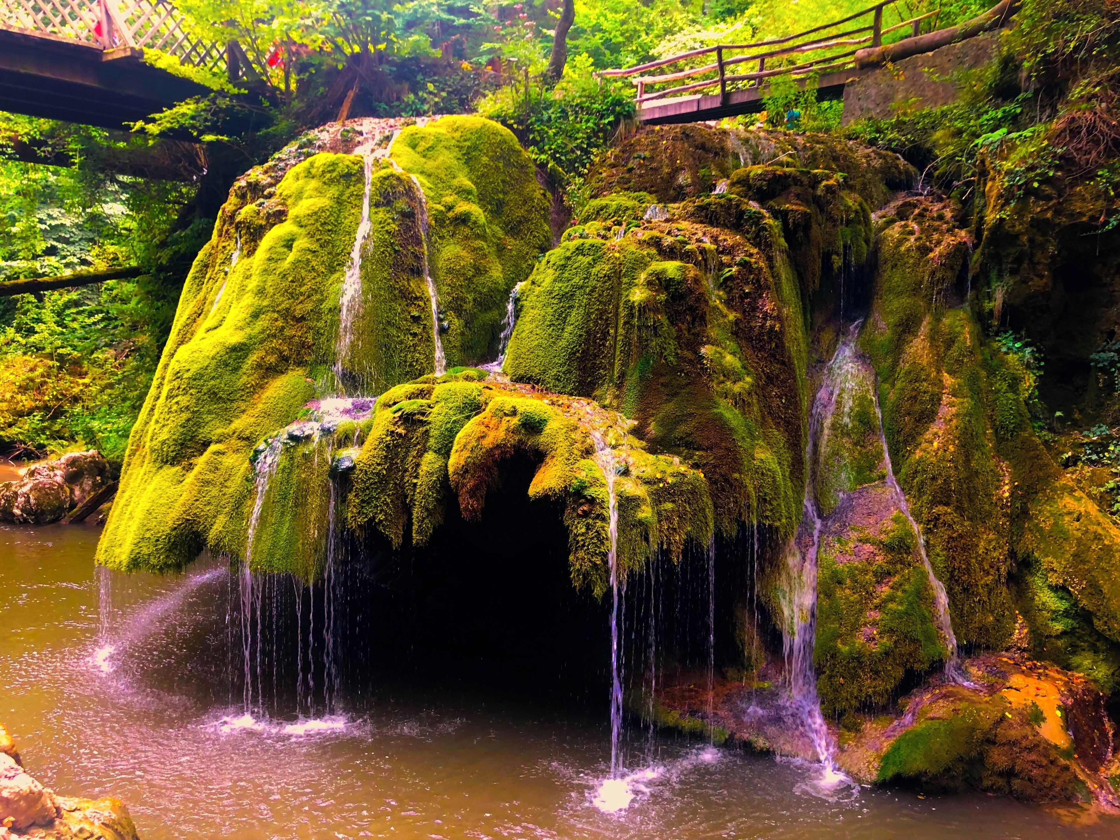 A moss-covered waterfall with a wooden bridge in a lush, green forest.