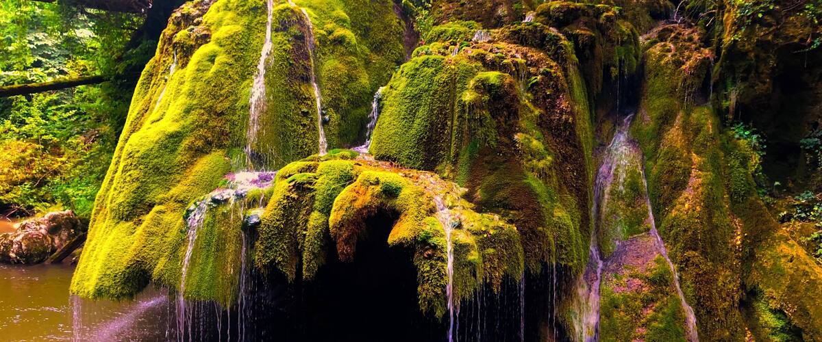 A moss-covered waterfall with a wooden bridge in a lush, green forest.