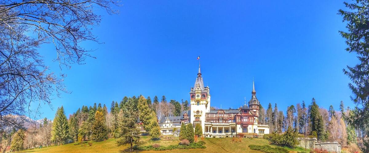 A large historic building with a prominent tower, surrounded by a forested hillside.