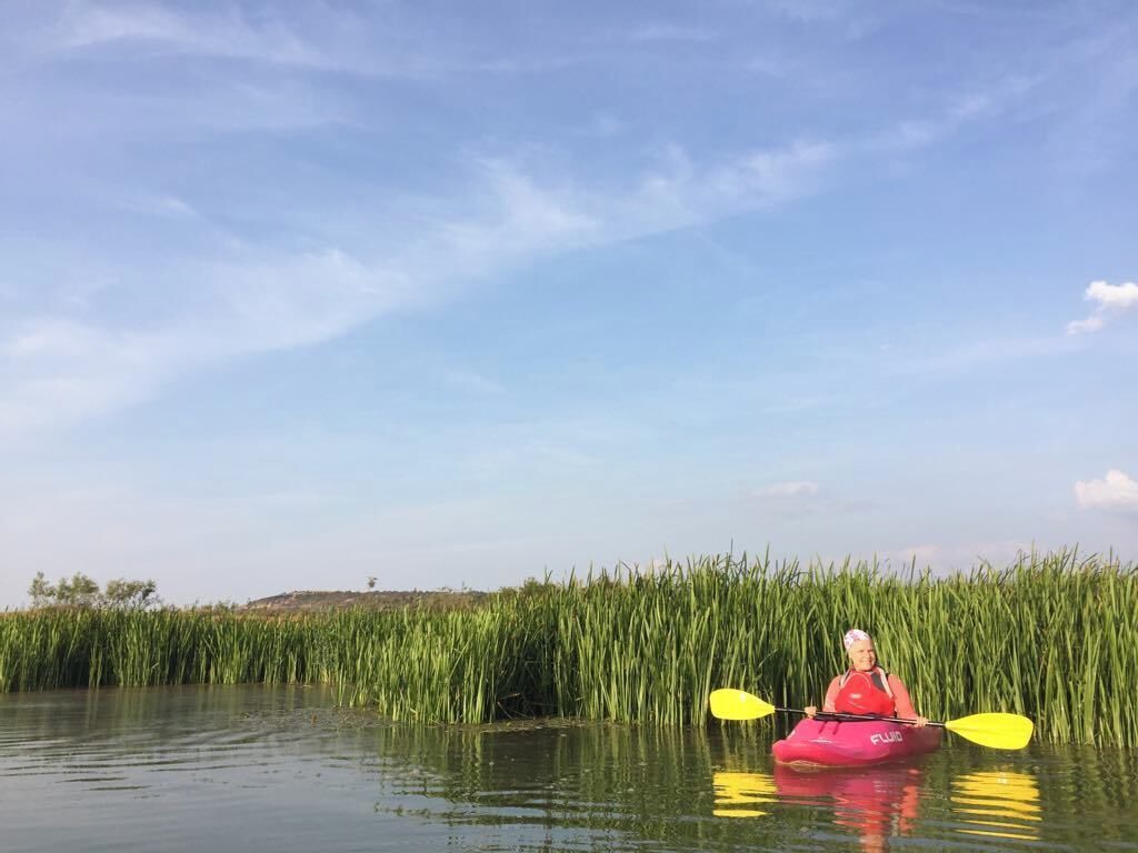 A person kayaking in a calm river surrounded by tall green reeds.