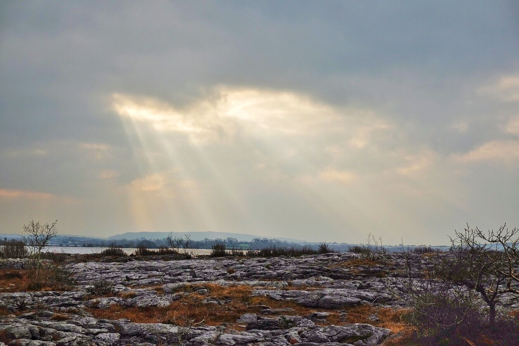 A rocky landscape with sparse vegetation and a cloudy sky.