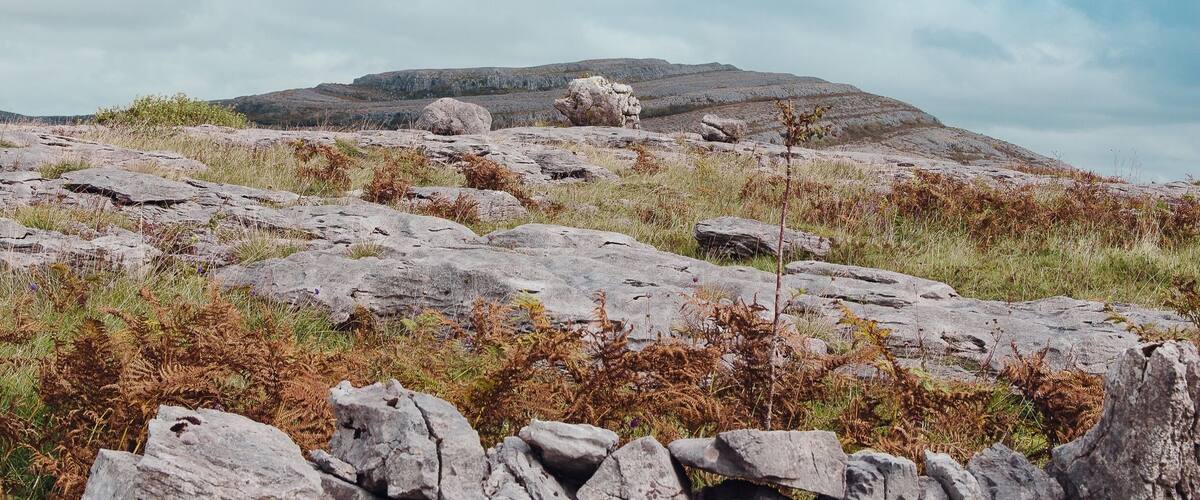 A rocky landscape with a hill in the background.