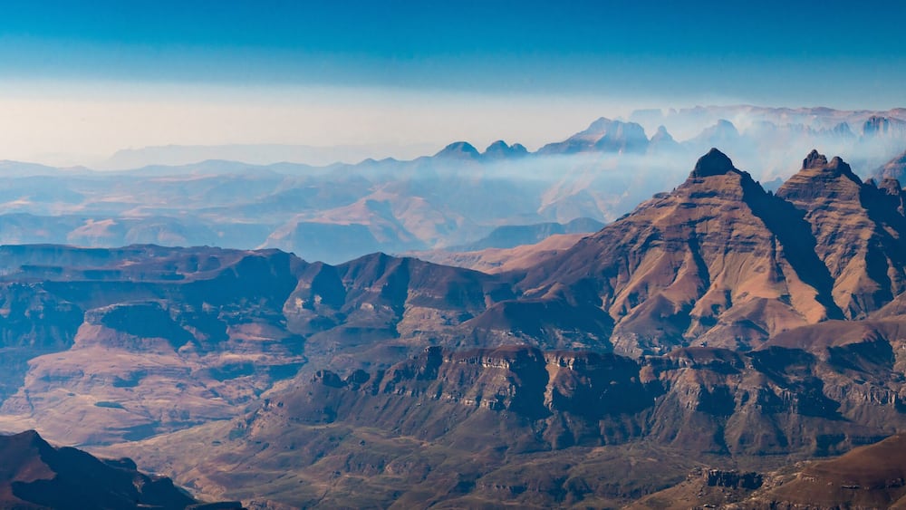 Aerial view of Cathedral Peak in Drakensberg mountains, at the Lesotho border in KwaZulu-Natal province, South Africa