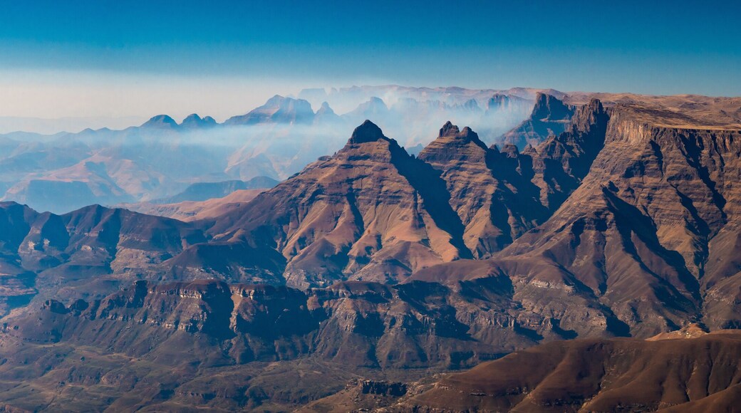 Aerial view of Cathedral Peak in Drakensberg mountains, at the Lesotho border in KwaZulu-Natal province, South Africa