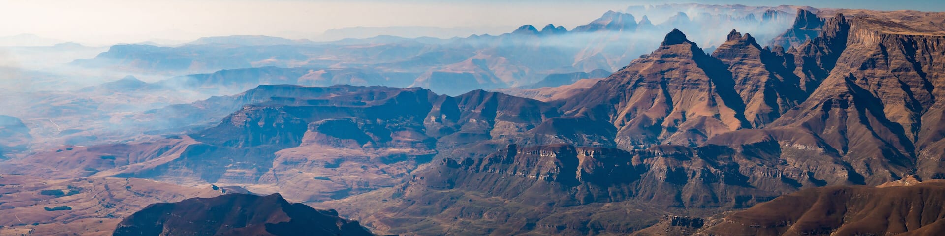 Aerial view of Cathedral Peak in Drakensberg mountains, at the Lesotho border in KwaZulu-Natal province, South Africa