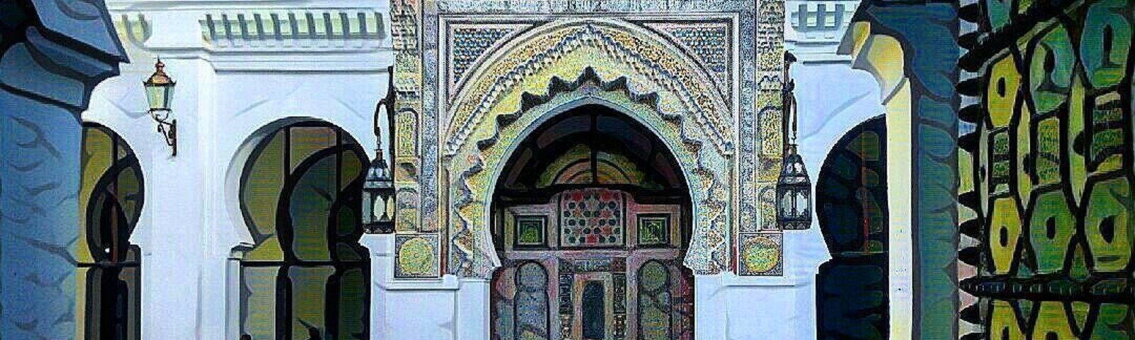 #patterns An edited photo of the interior courtyard of a mosque in the middle of the old Medina in Fes. One man is already praying while the other is performing the pre prayer ritual at the fountain